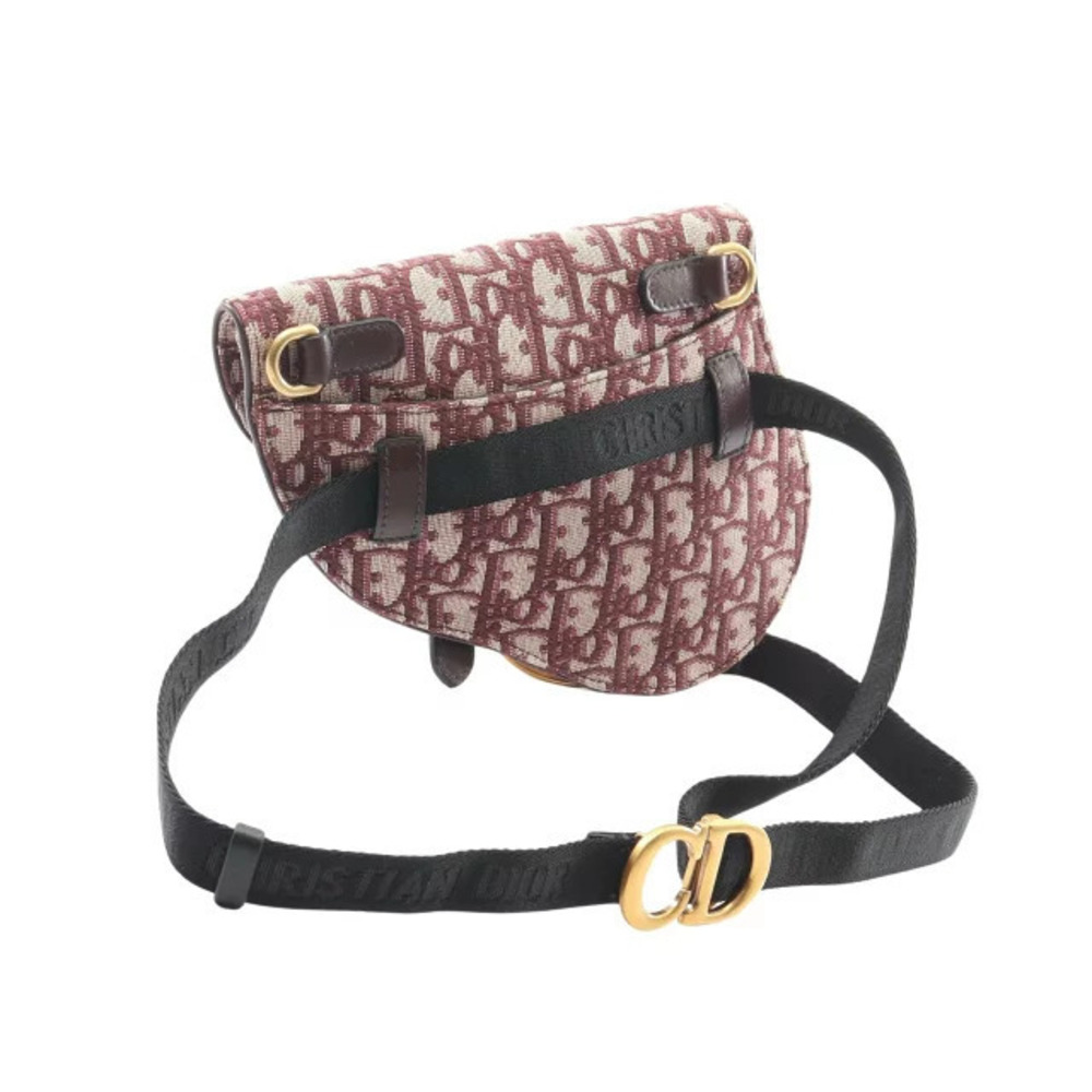 Dior Oblique Beige SADDLE Red Leather Waist Bag Canvas Burgundy